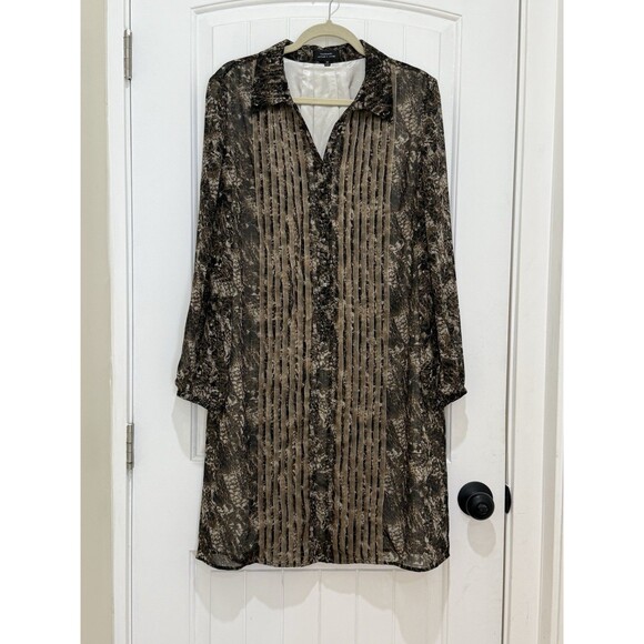 Tahari Blouson Shirt Dress Knee Length Sz 14 Brown Black Chiffon Career L/S a - Picture 1 of 10